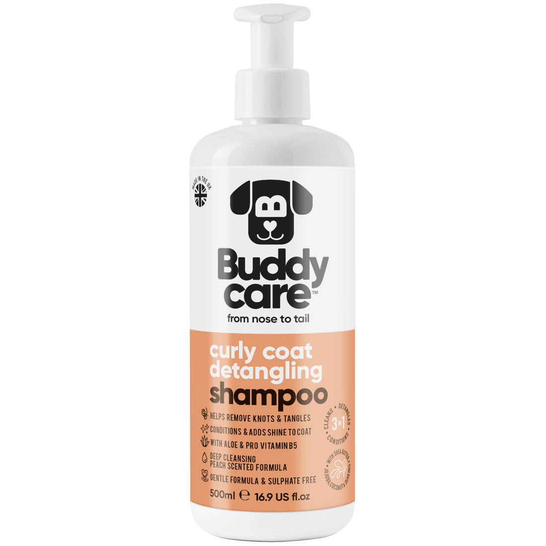 Curly Coat Detangling 3in1 Peach Dog Shampoo by Buddycare
